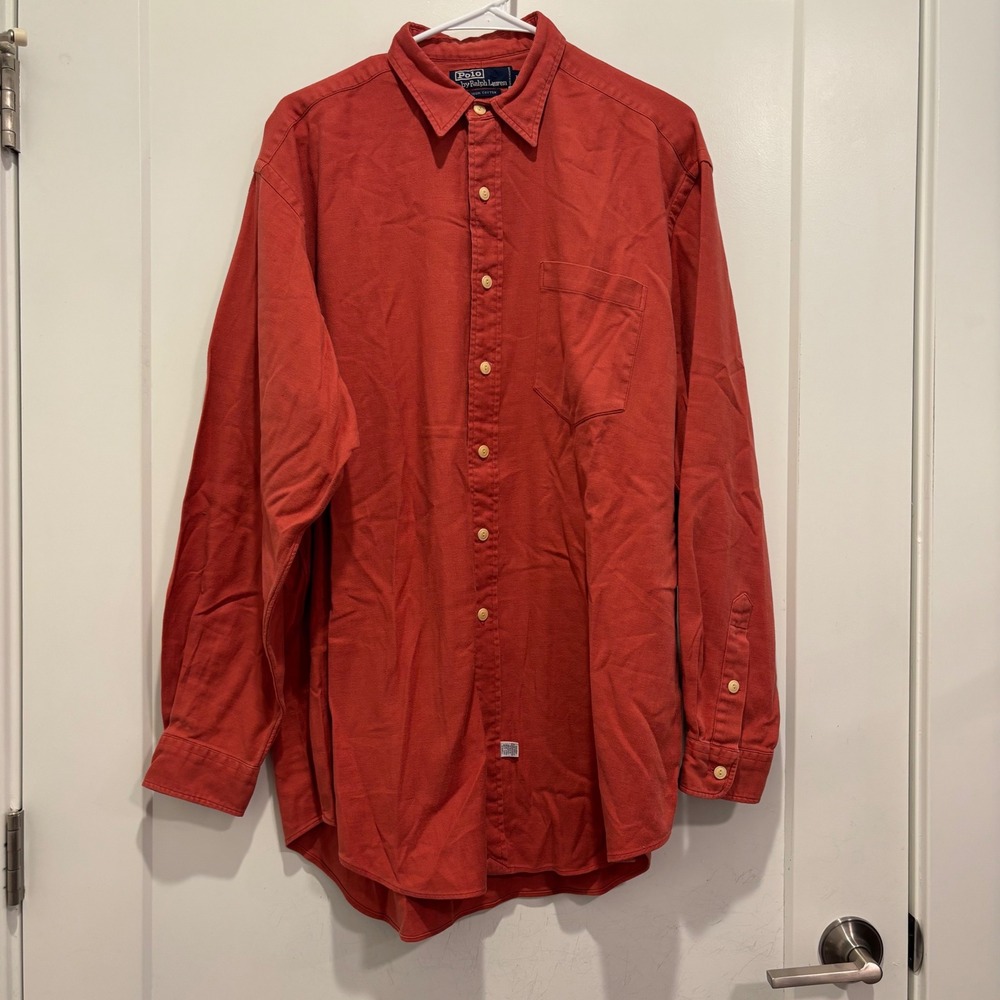Polo Ralph Lauren Mens Large Orange Cotton Twill Button Down Shirt Long Sleeve